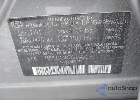 2012 Hyundai Sonata Limited 2.0T z USA, uszkodzony, nr VIN 5NPEC4AB7CH343271